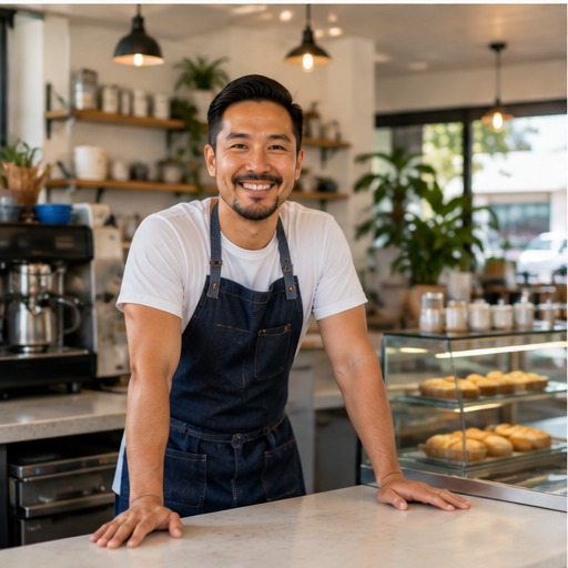 Café owner preparing coffee behind the counter of a local café