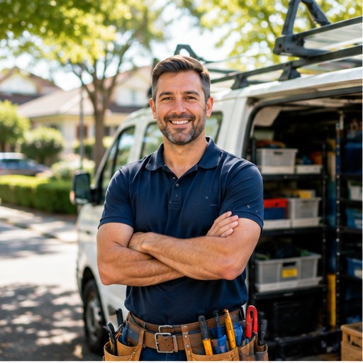 Tradesperson standing beside a work ute in a suburban Sydney street